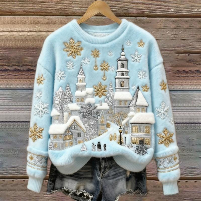 Pull fluffy Talbot Danoir Paris en rose poudré avec motif Village d’Hiver, douceur et confort, prêt à porter.