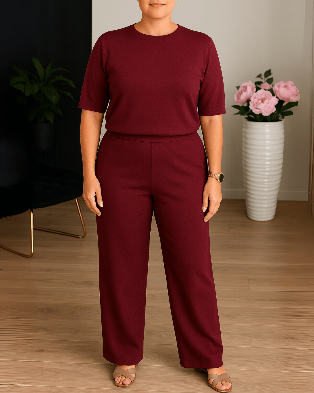 Ensemble élégant et polyvalent Sofía de Danoir Paris en marron clair, élégant et confortable, parfait pour diverses occasions.