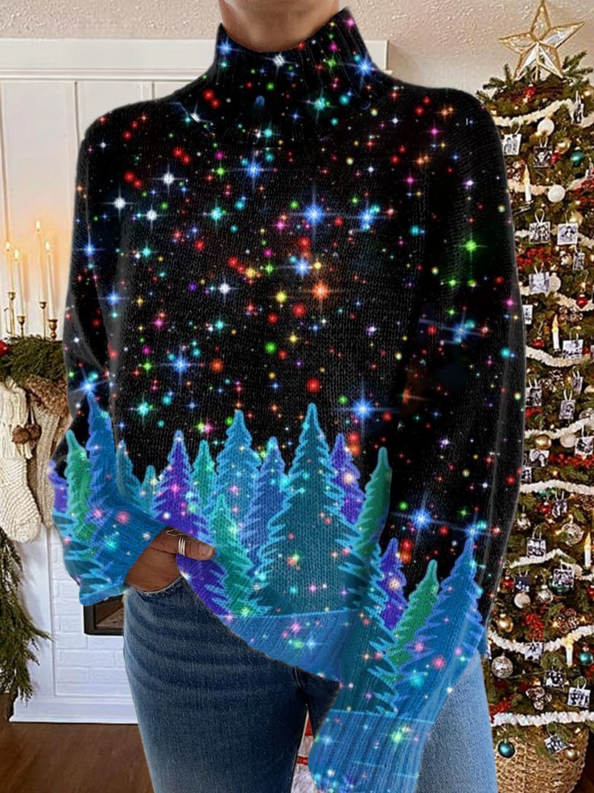 Pull festif étoilé Danoir Paris Saraya FR1320, multicolore, en maille douce avec motifs étoiles pour homme.