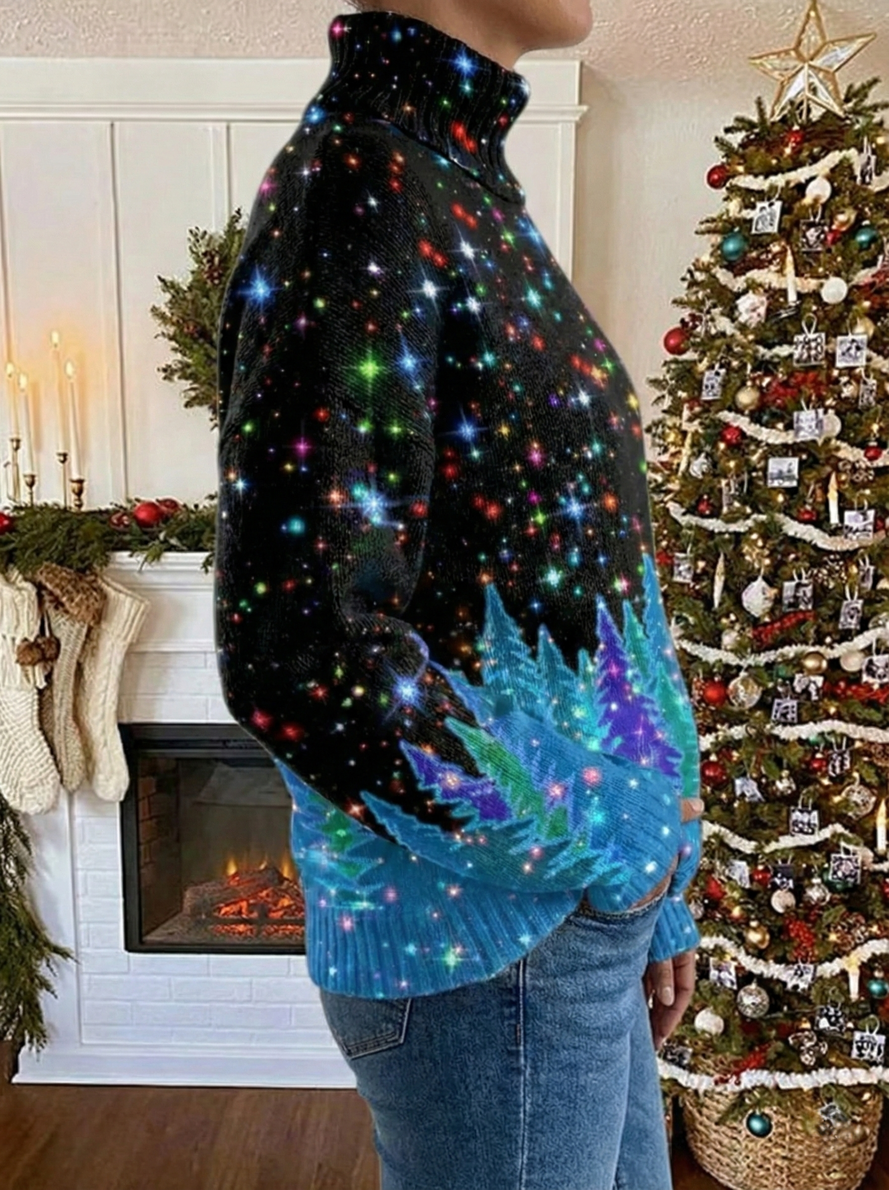 Pull festif étoilé Danoir Paris Saraya FR1320, multicolore, en laine avec motifs lumineux et détails festifs.