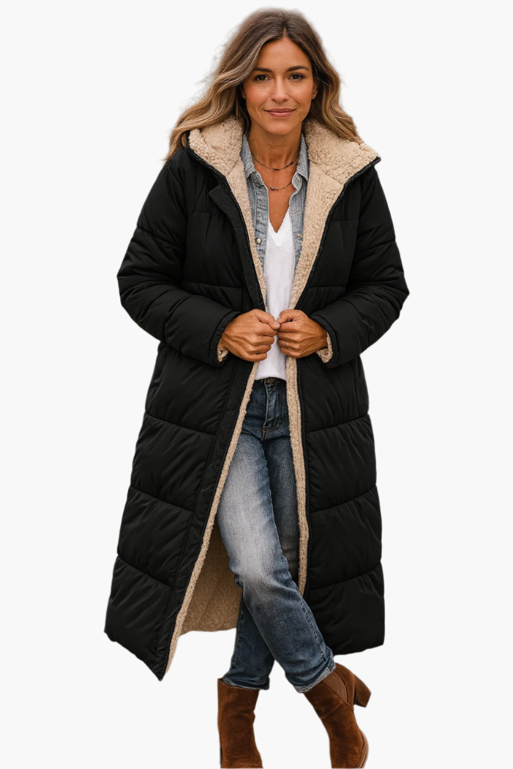 Manteau long doux beige Paige Danoir Paris, en tissu chaud et confortable, porté avec col et poches visibles.