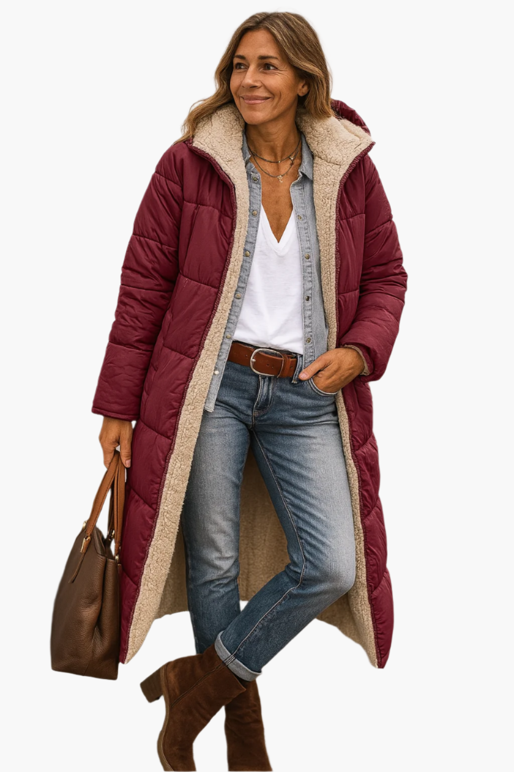 Manteau long beige Danoir Paris Paige FR1336 en tissu douillet, vue de face, avec col ample et finition élégante.