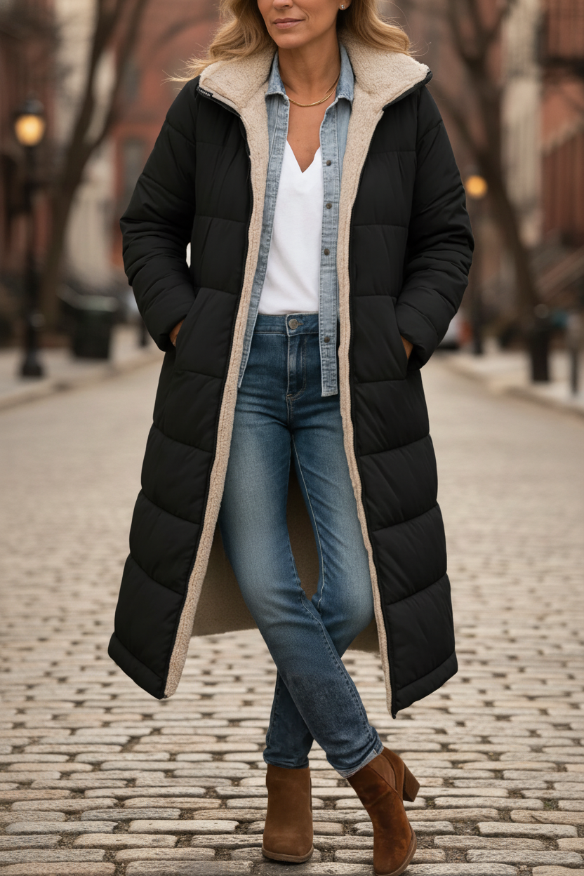 Manteau long beige Danoir Paris Paige, doublé et chaud, porté sur un mannequin, style élégant et confortable.