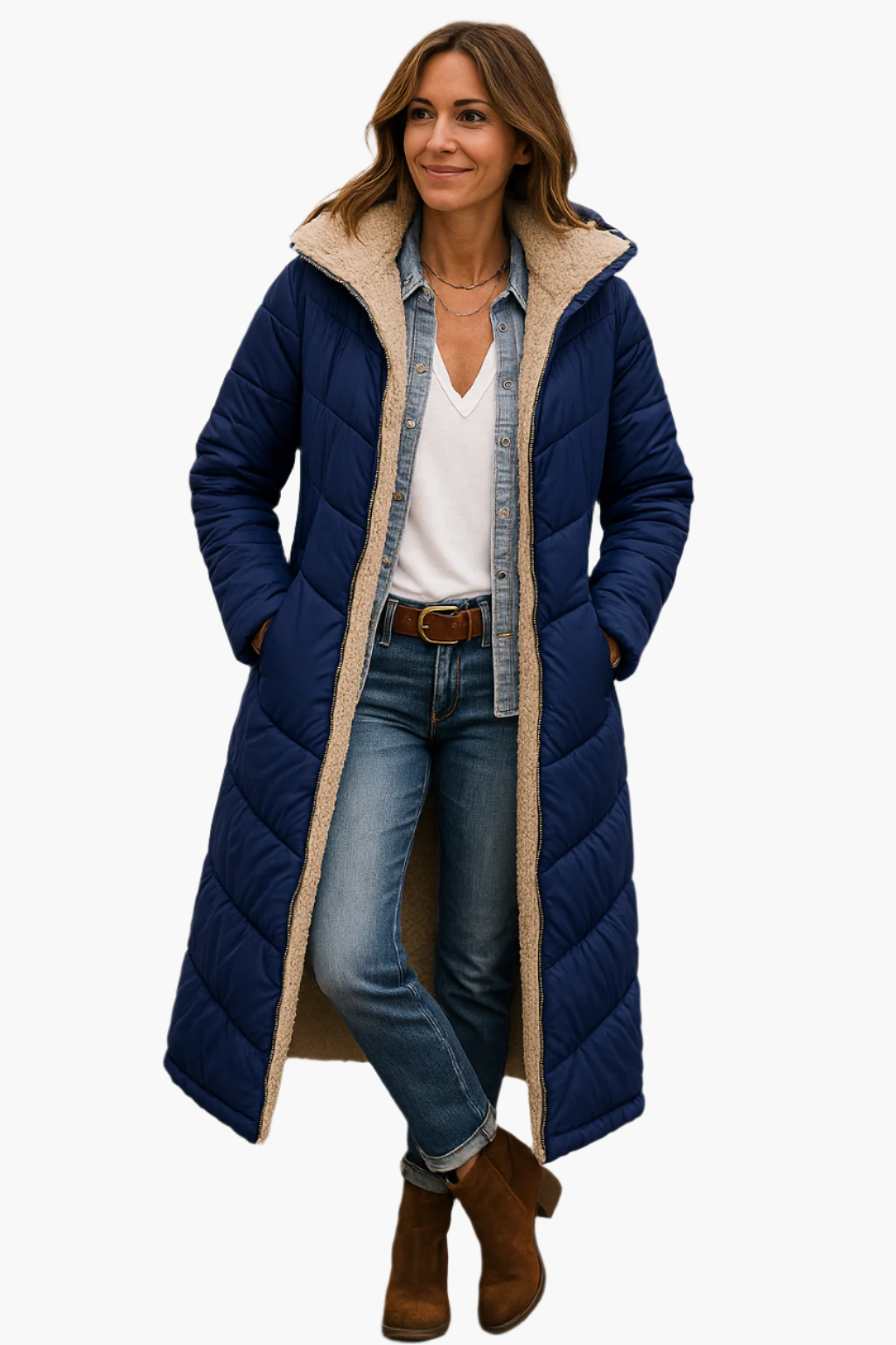 Manteau long beige Danoir Paris Paige, style douillet avec col ample et poches latérales, pour femme.