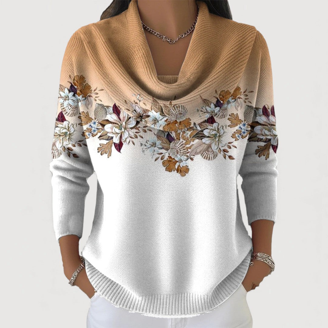 Pull floral élégant Alora de Danoir Paris, modèle FR1354, en camel avec motif floral visible sur l'image.