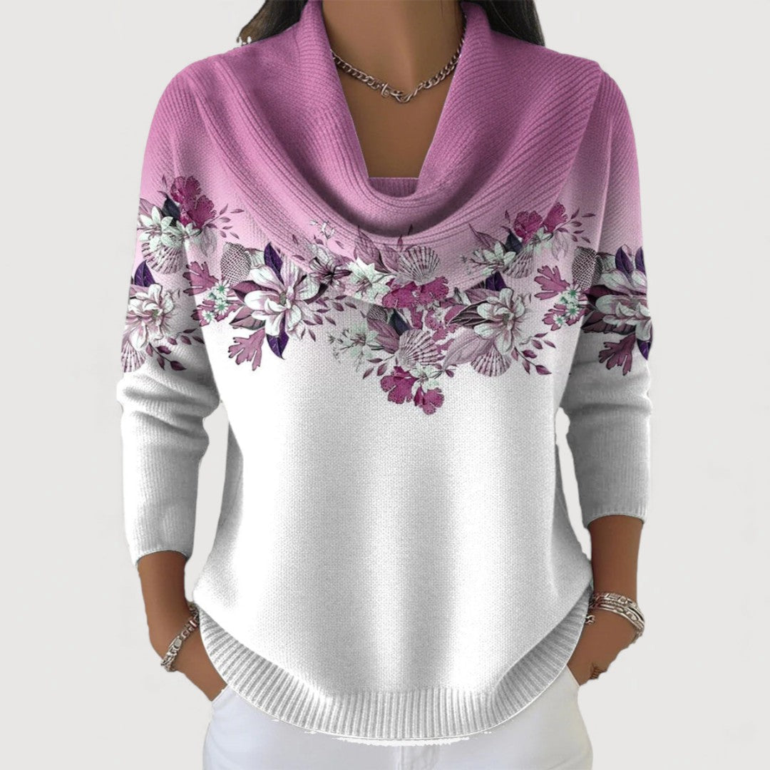 Pull floral élégant Alora de Danoir Paris, modèle FR1354, en camel avec motif floral, porté sur mannequin.