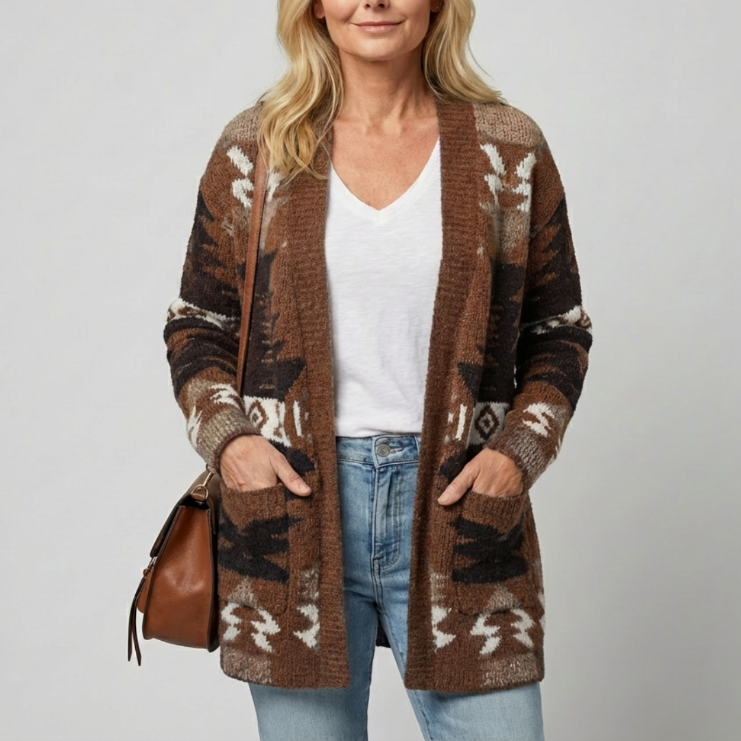 Cardigan Campbell Danoir Paris azteque élégant en bleu marine, tissu doux et confortabel, porté sur un mannequin.