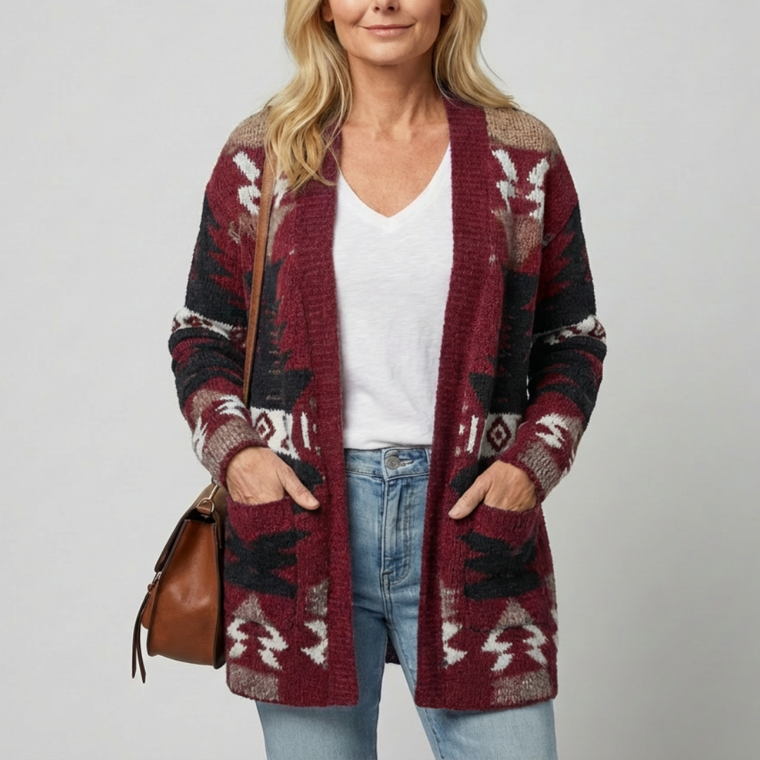 Cardigan azteque élégant Danoir Paris Campbell en bleu marine, manches longues et motif graphique sophistiqué.