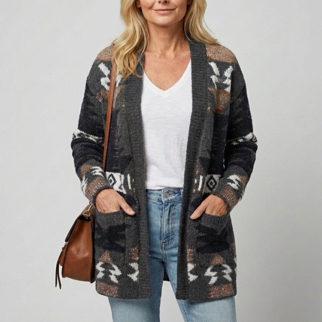 Cardigan azteque élégant Danoir Paris Campbell en bleu marine, motif sophistiqué et style moderne visible sur l'image.