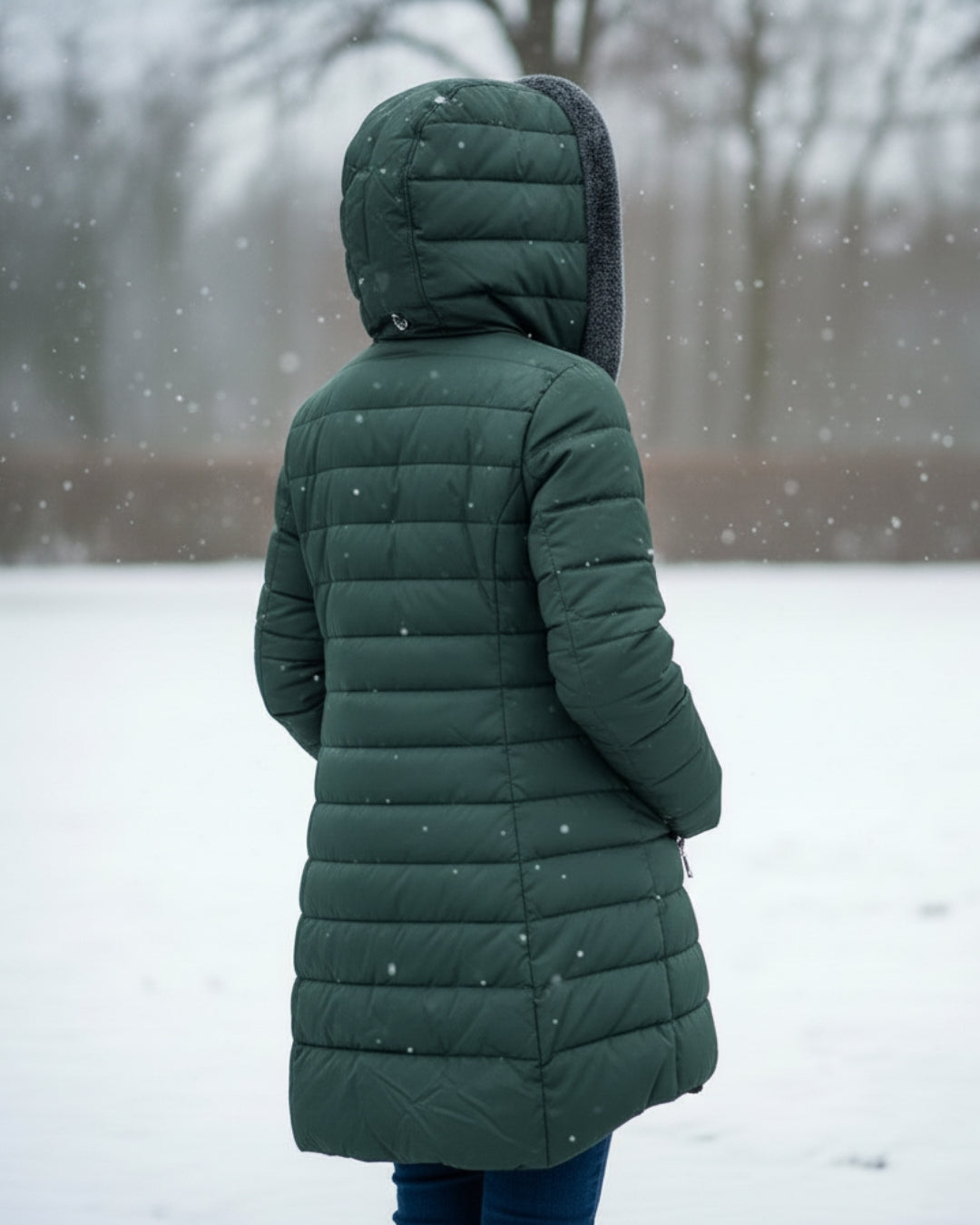 Manteau d'hiver élégant Olivia de Danoir Paris en vert foncé, coupe sophistiquée et tissu chaud, porté par un mannequin.