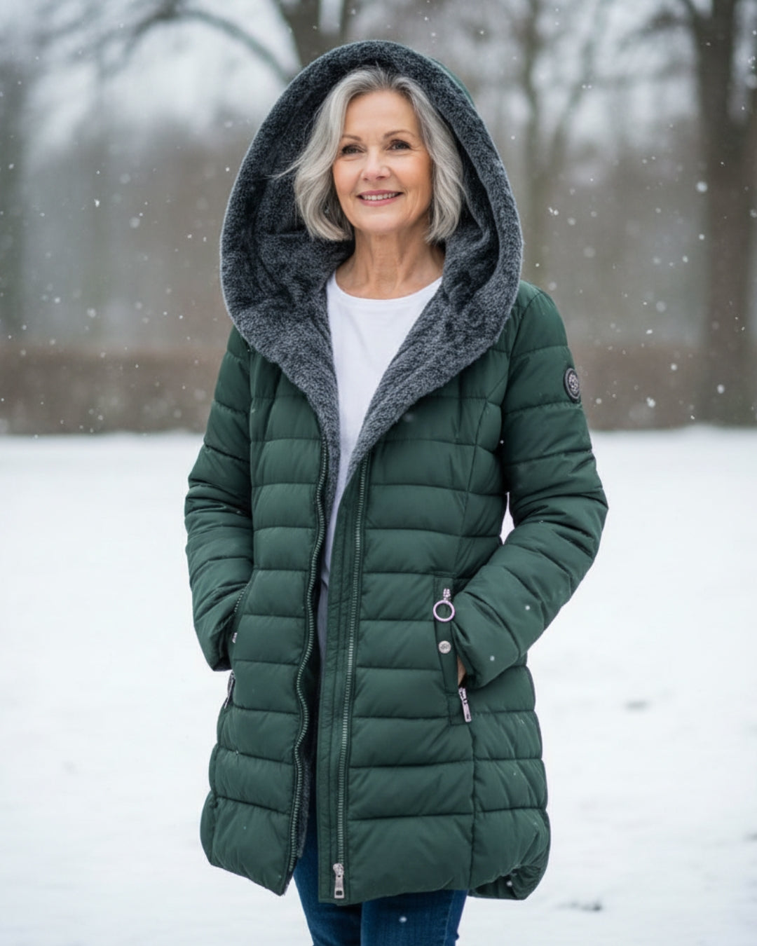 Manteau d'hiver élégant Olivia de Danoir Paris, veste verte foncée avec coupe sophistiquée, portée en image.