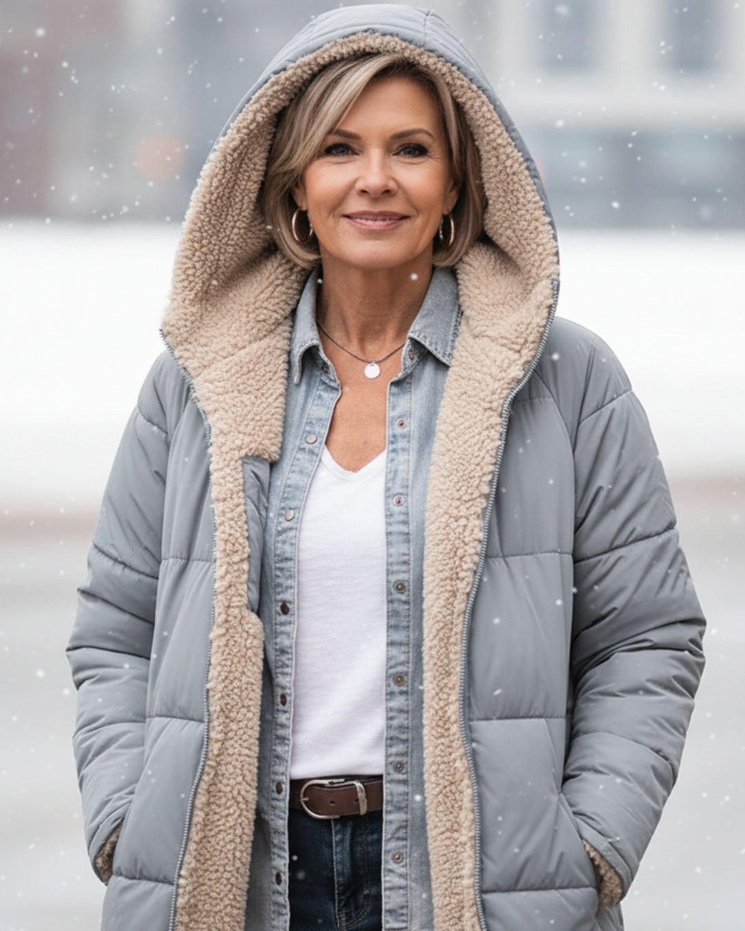Manteau réversible élégant Danoir Paris Eleanor en vert olive, coupe sophistiquée, porté en plein jour.