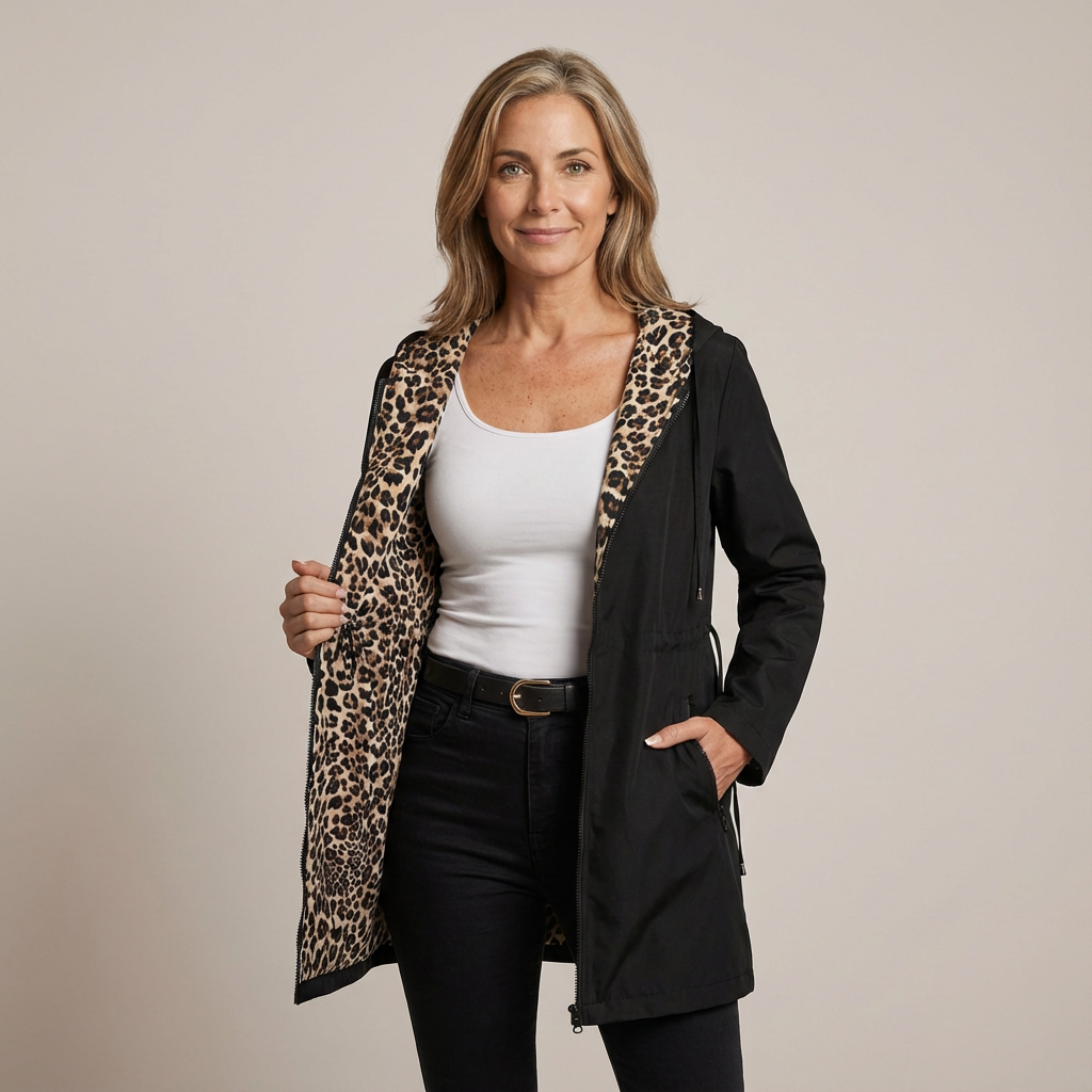 Manteau Léopard élégant Léa de Danoir Paris, coupe sophistiquée, tissu à motif léopard rouge, parfait pour un style chic.