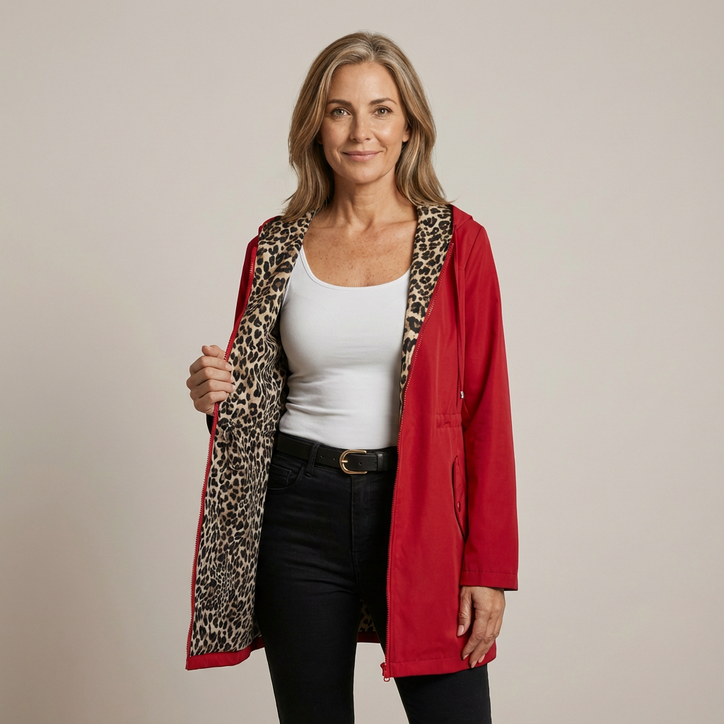 Manteau Léopard Danoir Paris Léa, élégant, en tissu rouge avec motif animalier, coupe sophistiquée, pour femme.