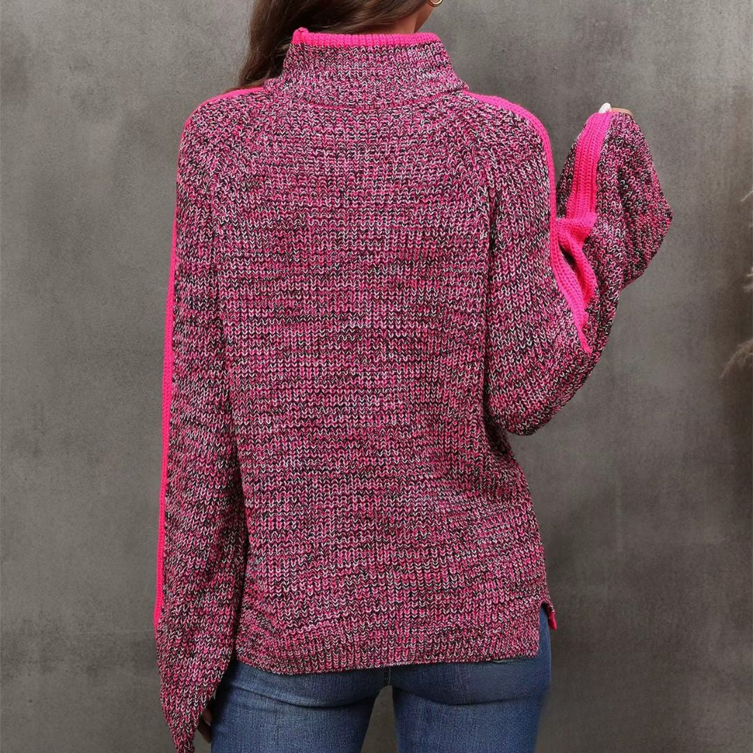 Pull patchwork chic orange Danoir Paris Diana FR1408, vêtement élégant avec motifs patchwork, mode féminine raffinée.