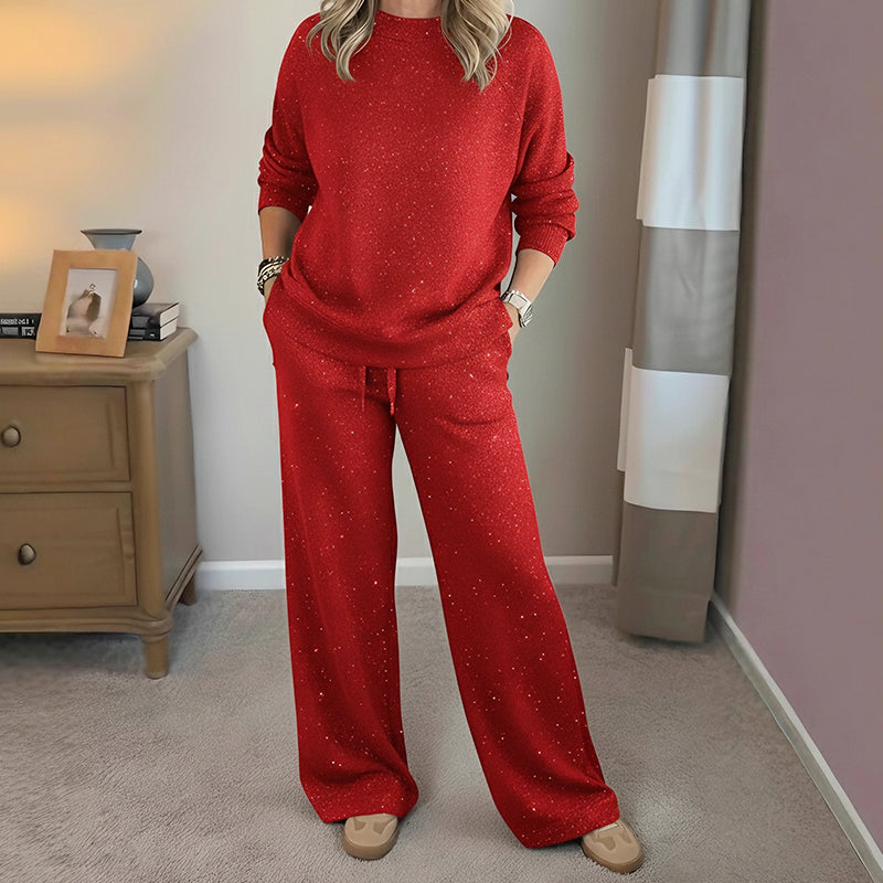 Ensemble hivernal pailleté rouge Vera de Danoir Paris, veste et pantalon élégants pour femmes, image en gros plan.