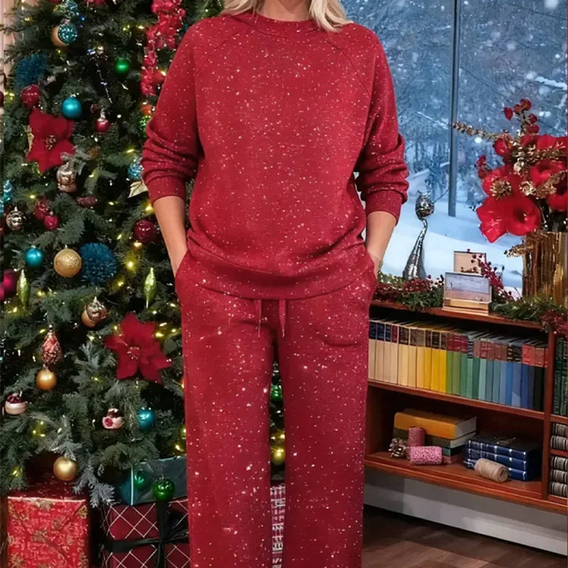Ensemble hivernal Vera de Danoir Paris, pailleté rouge, avec veste et pantalon pour femmes, tissu chaud et élégant.