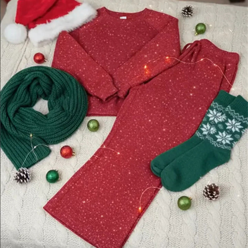 Ensemble hivernal pailleté rouge Vera Danoir Paris, tenue élégante avec détails brillants, pour femmes.