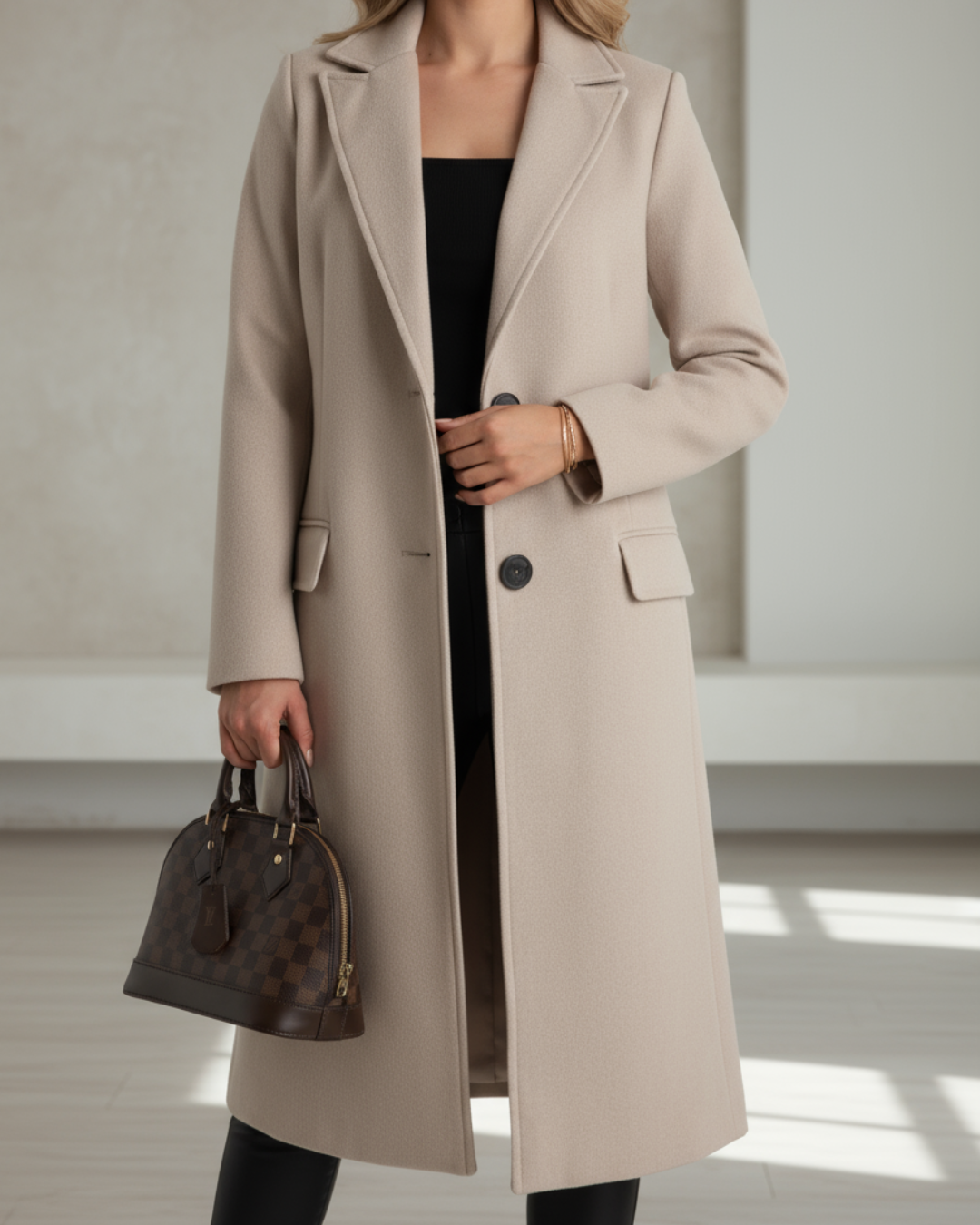 Manteau long sophistiqué Judith de Danoir Paris en gris, style élégant et moderne, visible sur une mannequin.