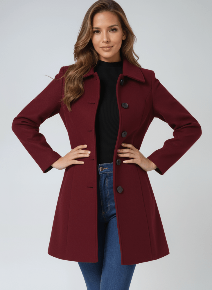 Manteau hivernal gris Danoir Paris Helena, coupe élégante, en tissu chaud, porté en taille XS, devant une surface neutre