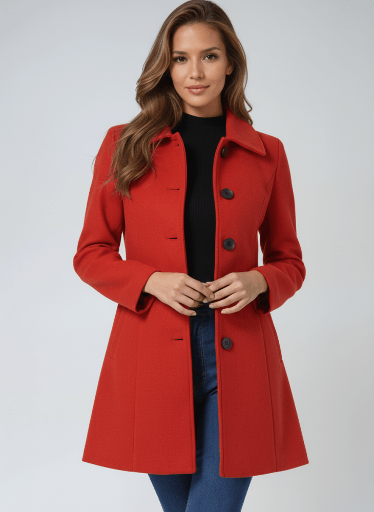 Manteau hivernal gris Danoir Paris Helena, coupe élégante, en tissu chaud, porté avec col et manches longues.