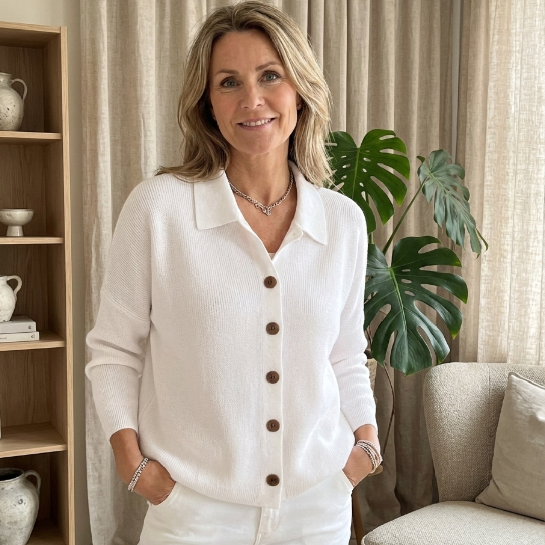 Blouse élégante et confortable Mila de Danoir Paris en gris et blanc, portée avec manches longues et coupe fluide.