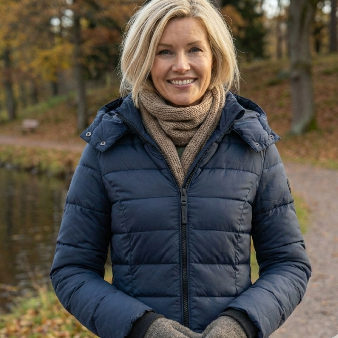 Veste d'hiver Danoir Paris Jenna, confortable, bleu, pour femmes, vue de face avec col chaud et manches longues.