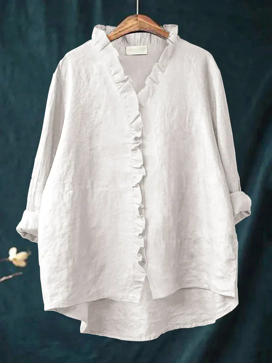 Blouse légère rouge Lily avec volants de Danoir Paris, manches longues et design féminin, vue de face.