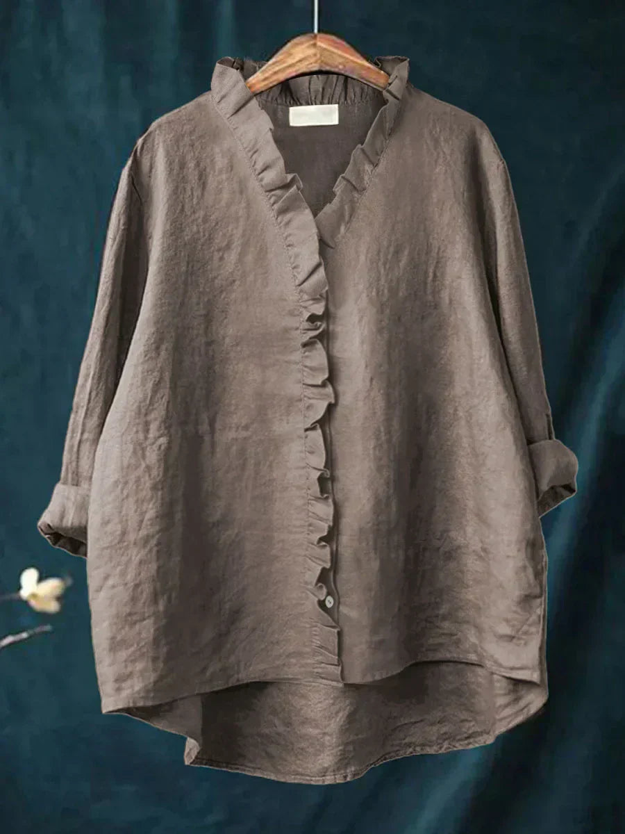 Blouse légère Lily de Danoir Paris avec volants, couleur rouge, manches longues et style féminin, vue de face.