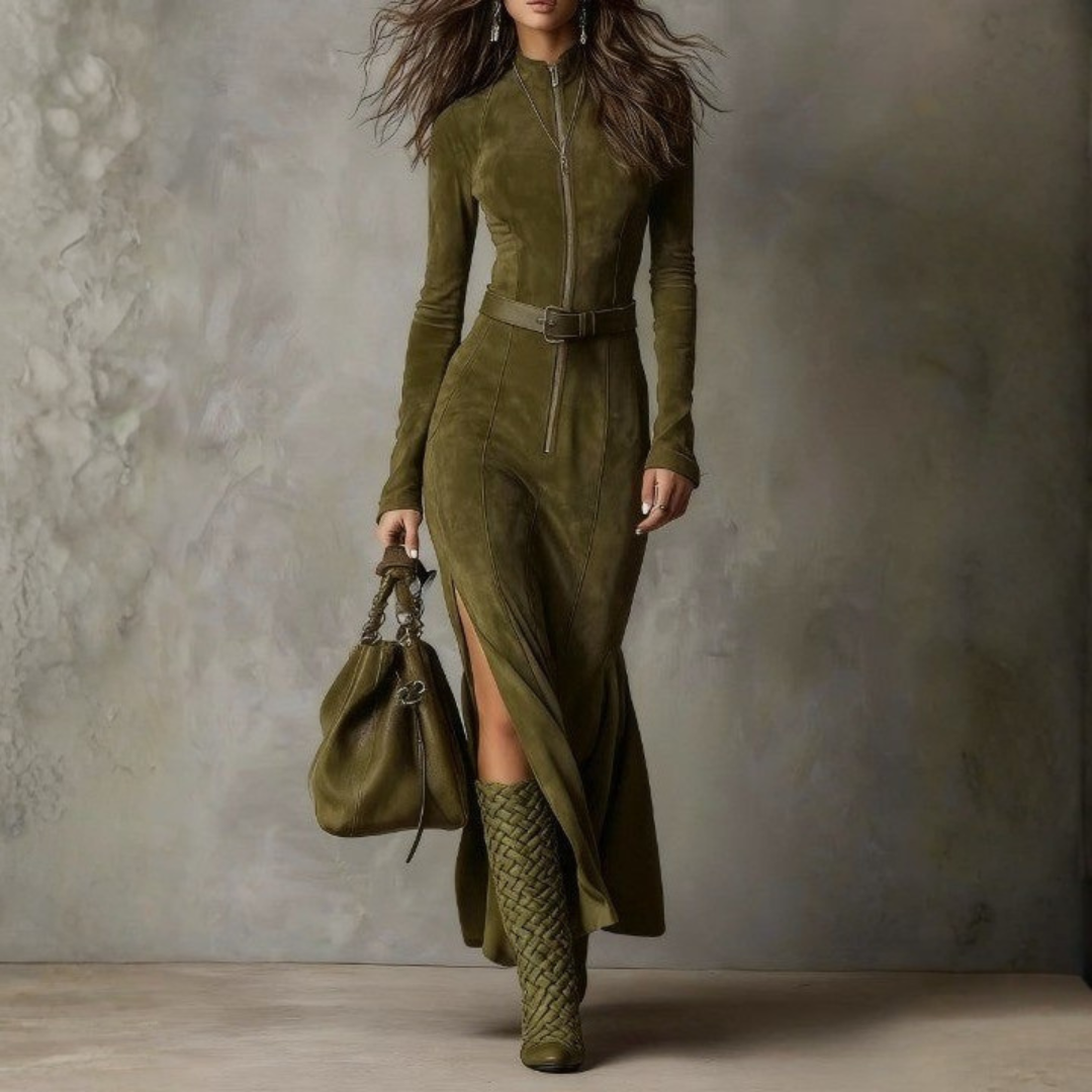 Robe longue en suédine verte olive Alessia de Danoir Paris, élégante et fluide, vue sur le devant.