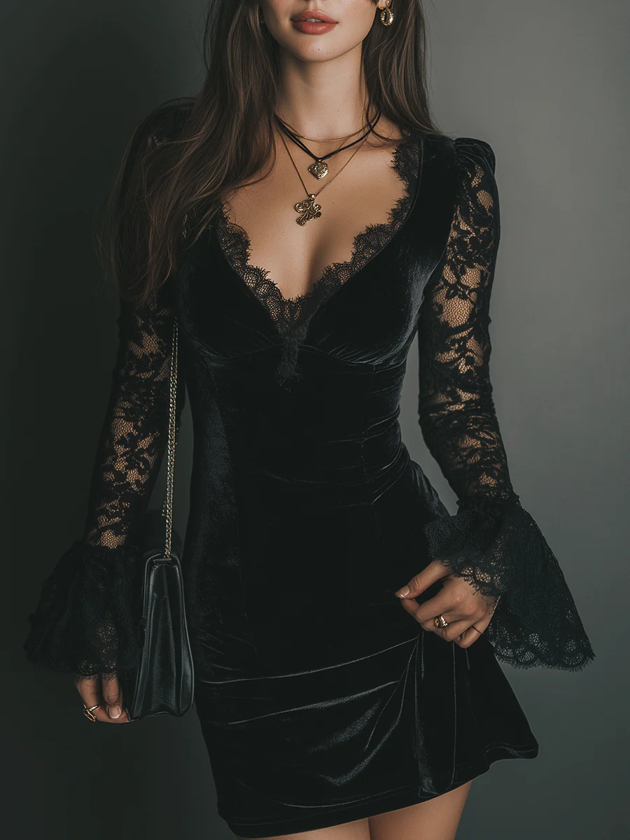 Robe en velours noire Luna de Danoir Paris, élégante robe courte avec détail sophistiqué, vue de face sur mannequin.
