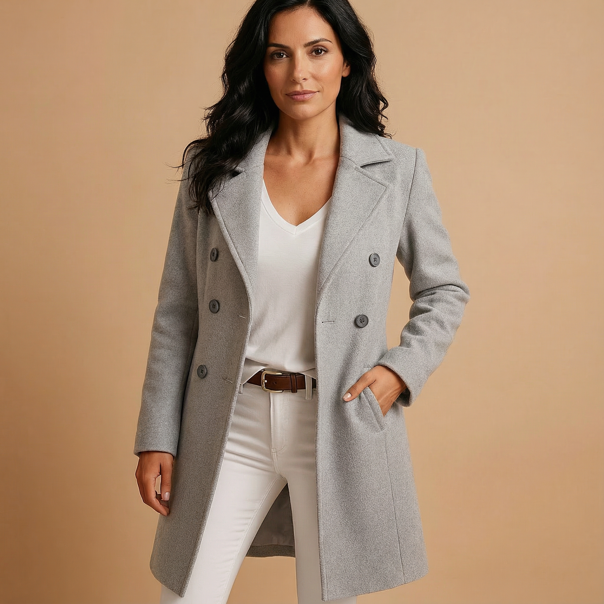 Manteau classique élégant Danoir Paris Lunori FR1481 en camel, coupe intemporelle et style sophistiqué, porté avec élégance.