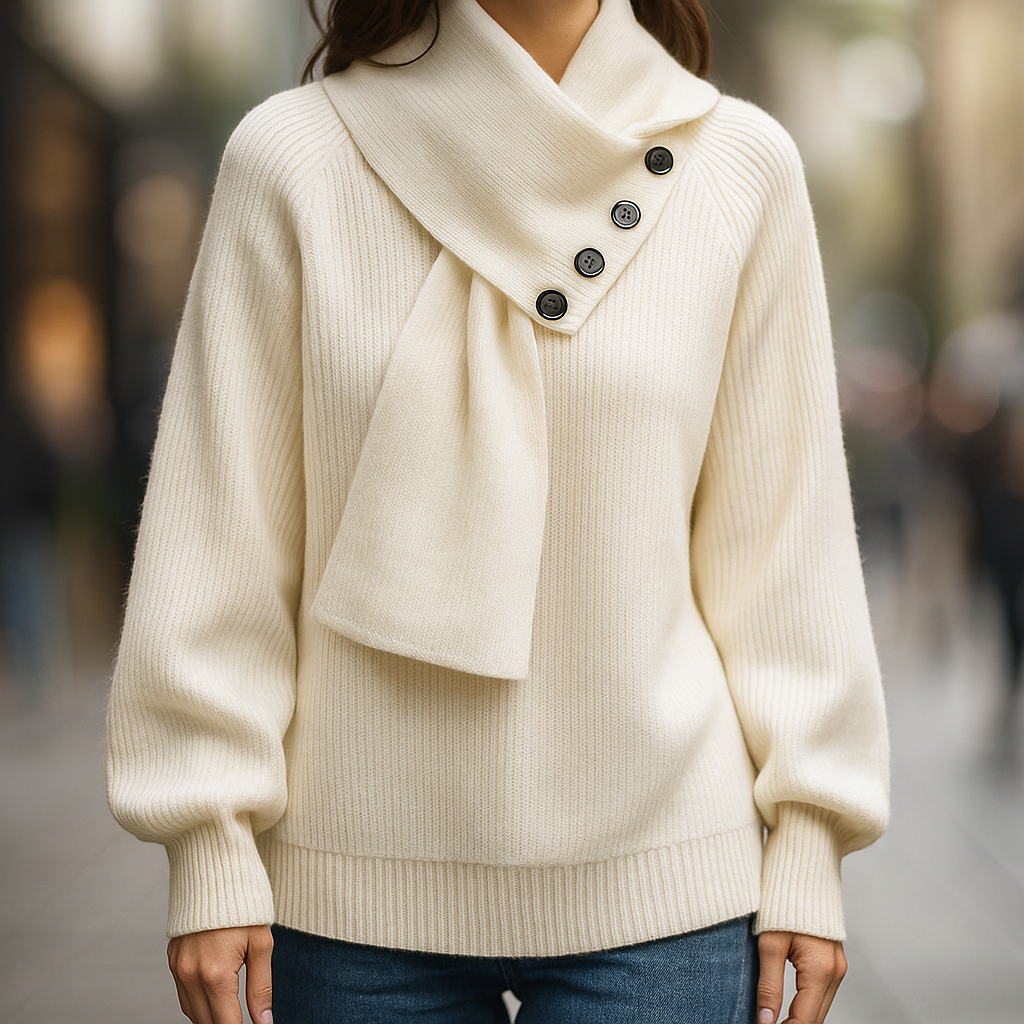 Pull blanc Danoir Paris Arielle avec écharpe élégante, tissu doux et style sophistiqué visible sur l'image.