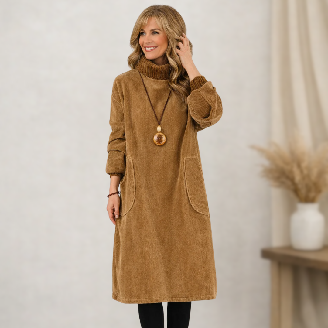 Robe midi confortable et élégante Jennie de Danoir Paris en tissu marron, vue de face, pour femme.