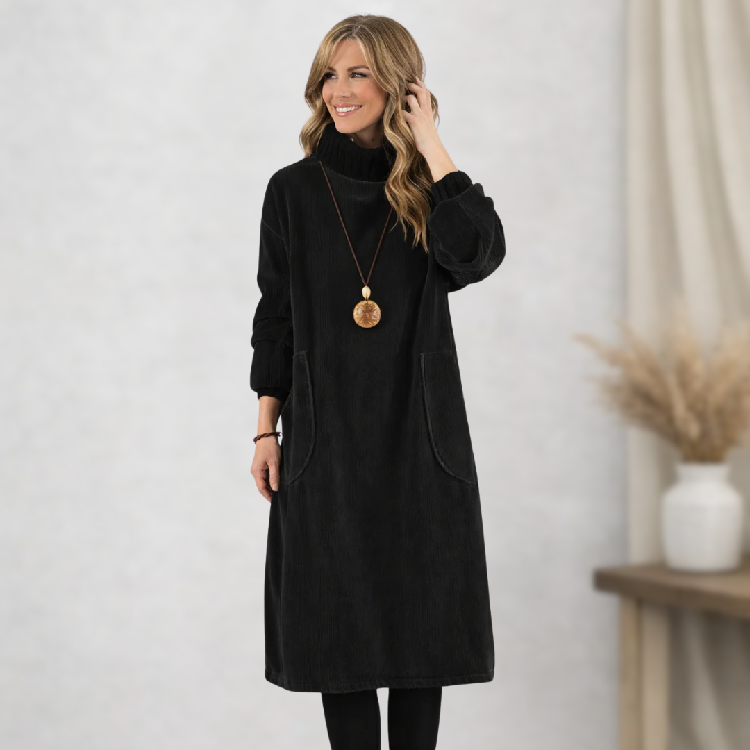 Robe midi marron Jennie de Danoir Paris, élégante et confortable, portée, vue de face avec détails du tissu et du style.