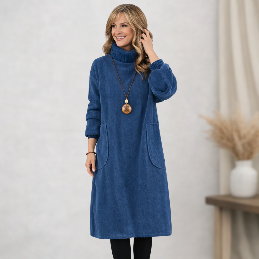 Robe midi marron Danoir Paris Jennie, élégante et confortable, portée avec détails visibles, idéale pour une allure chic et décontractée.