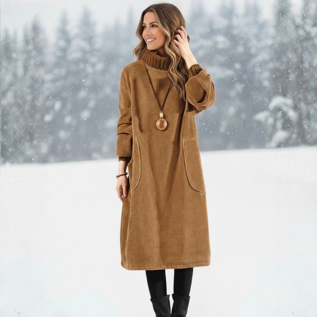 Robe midi marron Danoir Paris Jennie, élégante et confortable, vue de face avec détails du tissu et coupe fluide.