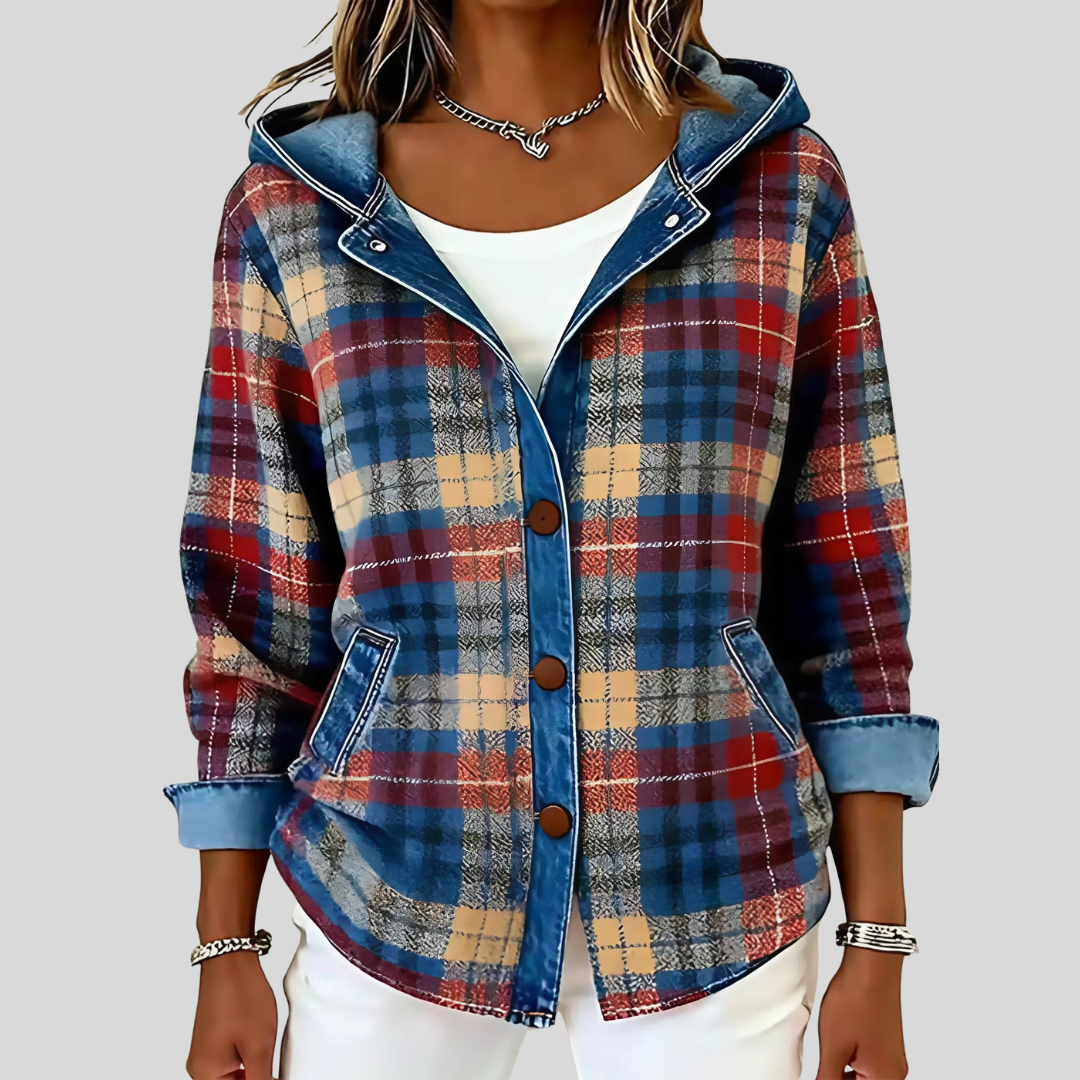Veste à carreaux élégante Neraviennea de Danoir Paris, style sophistiqué, en tissu à motif à carreaux, ajustée et tendance.