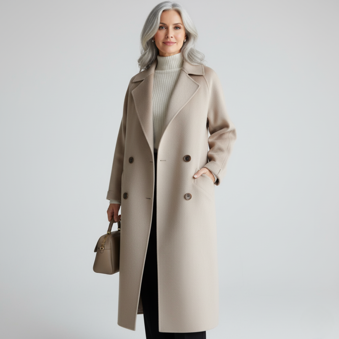 Manteau élégant et intemporel Maeve de Danoir Paris en beige, coupe moderne et finition soignée.