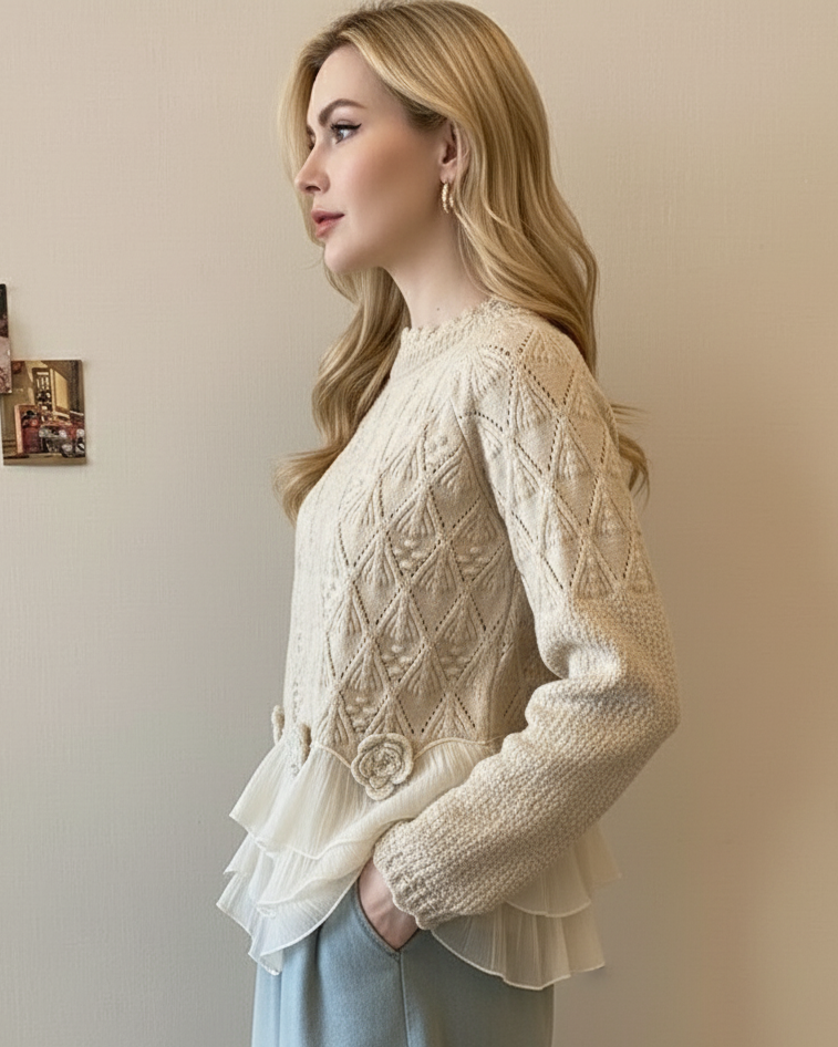 Cardigan en tricot crème Taylor Danoir Paris, modèle Enchanteur, porté avec manches longues et détails élégants.