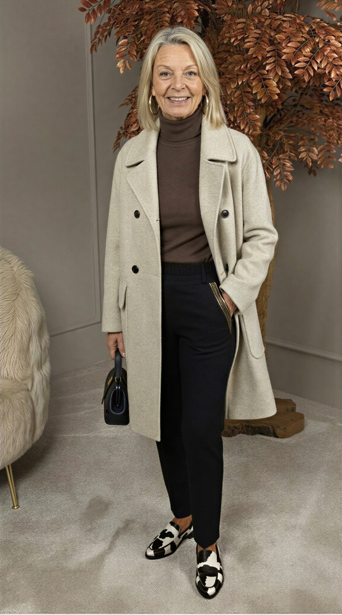 Manteau cachemire élégant Megan de Danoir Paris en beige, coupe sophistiquée, détail de texture douce et finition raffinée.