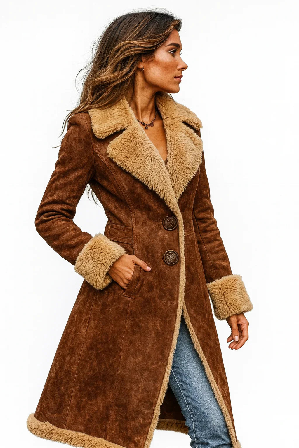 Manteau vintage élégant Edda de Danoir Paris, coupe classique et détails sophistiqués, porté sur mannequin.