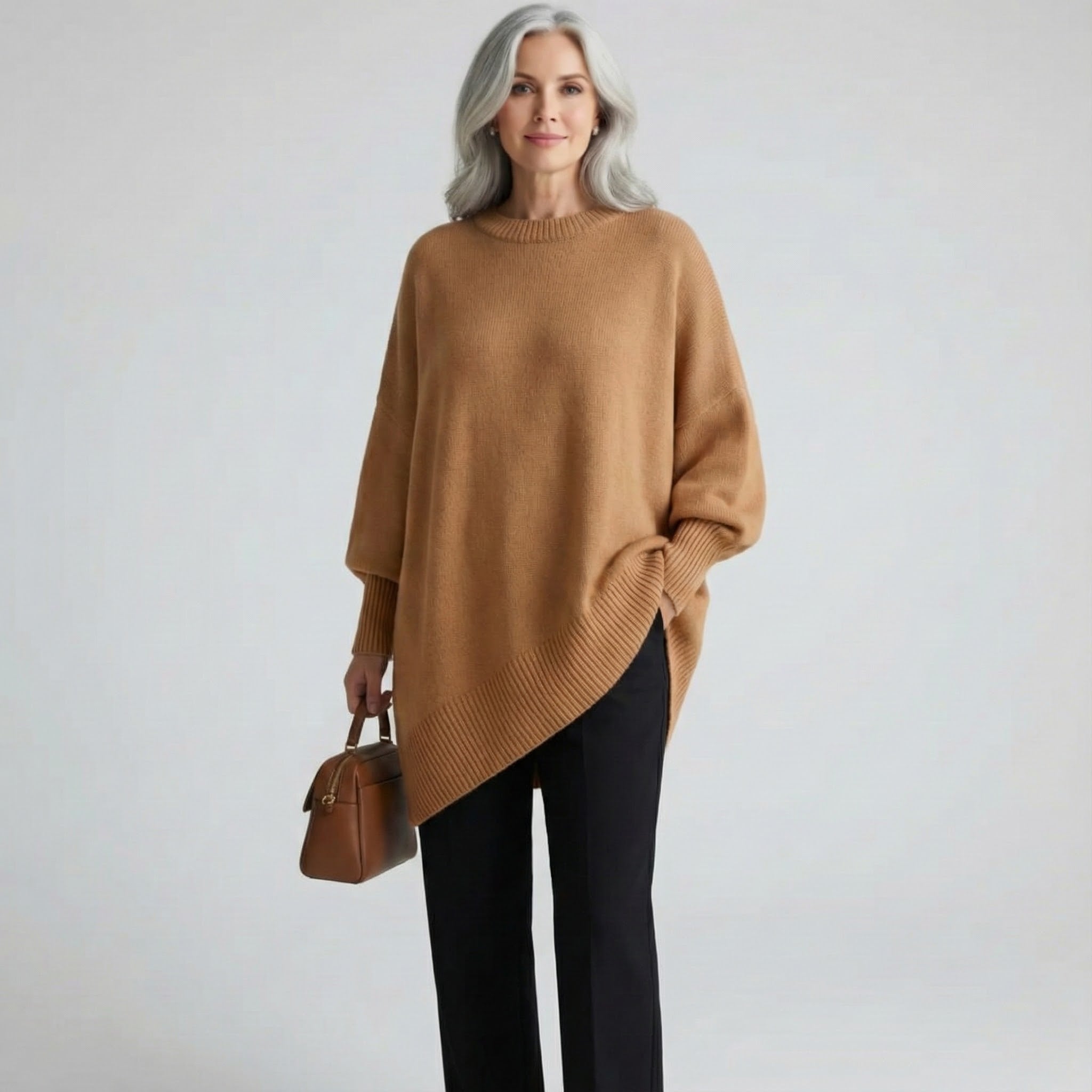 Pull beige Claudia de Danoir Paris, élégant et confortable, en tissu doux, porté sur un mannequin.