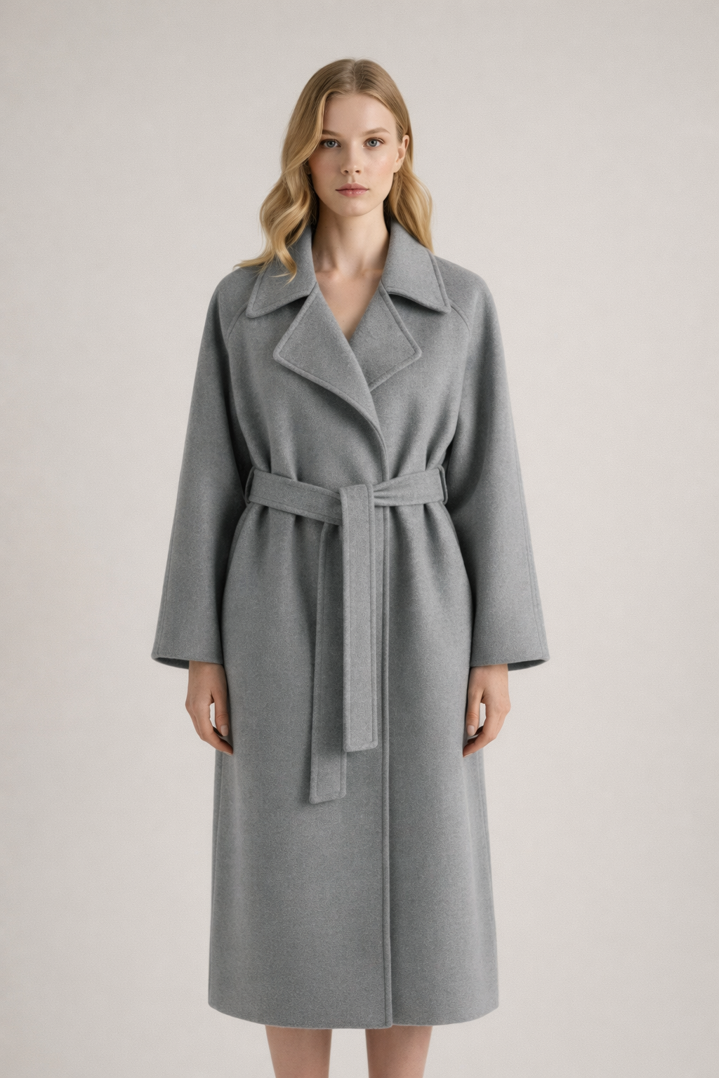 Manteau élégant pour femmes Danoir Paris Luise en beige, coupe sophistiquée, porté sur un mannequin.