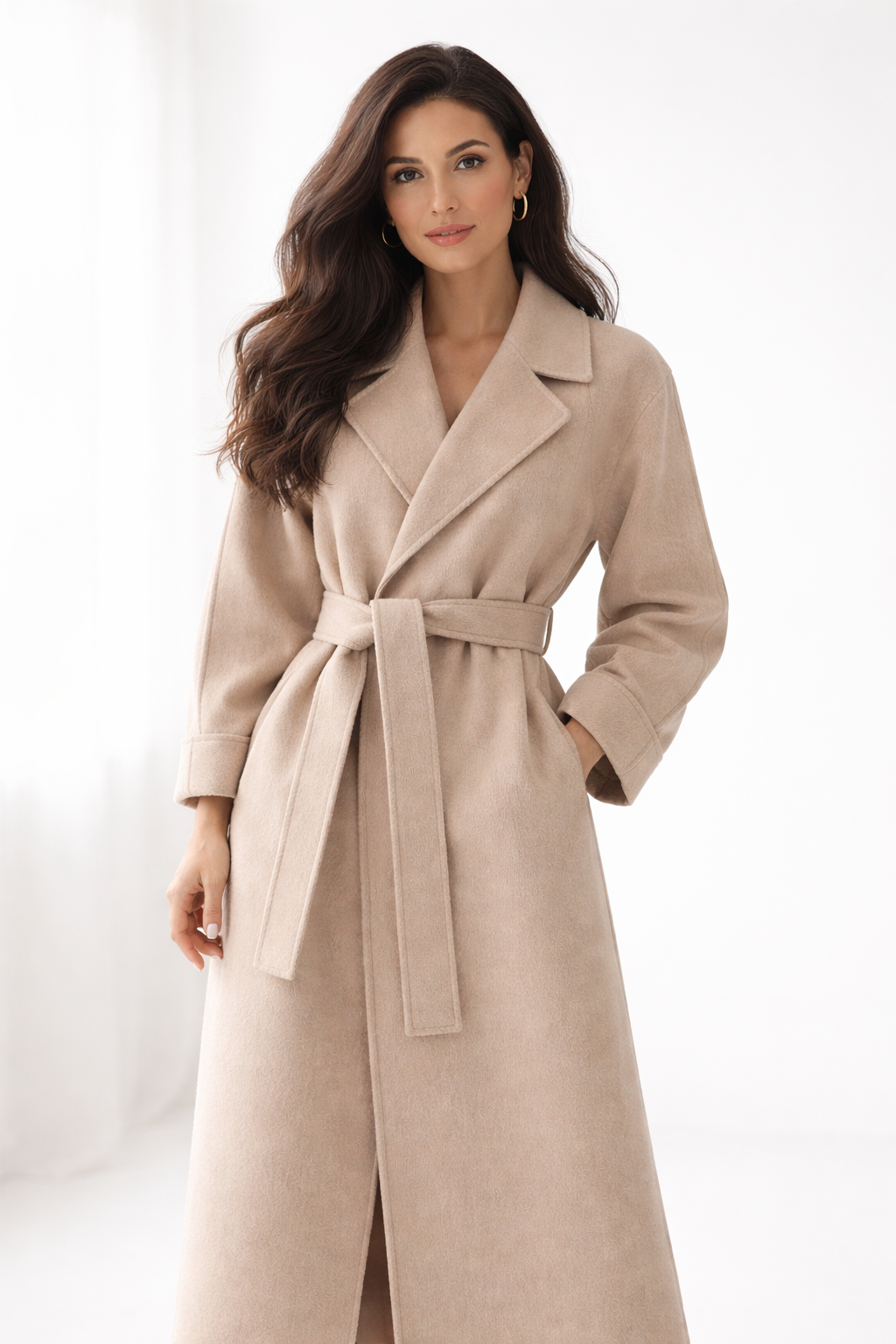 Manteau élégant beige pour femmes Danoir Paris, modèle Luise, en tissu chaud et sophistiqué, porté sur une femme.