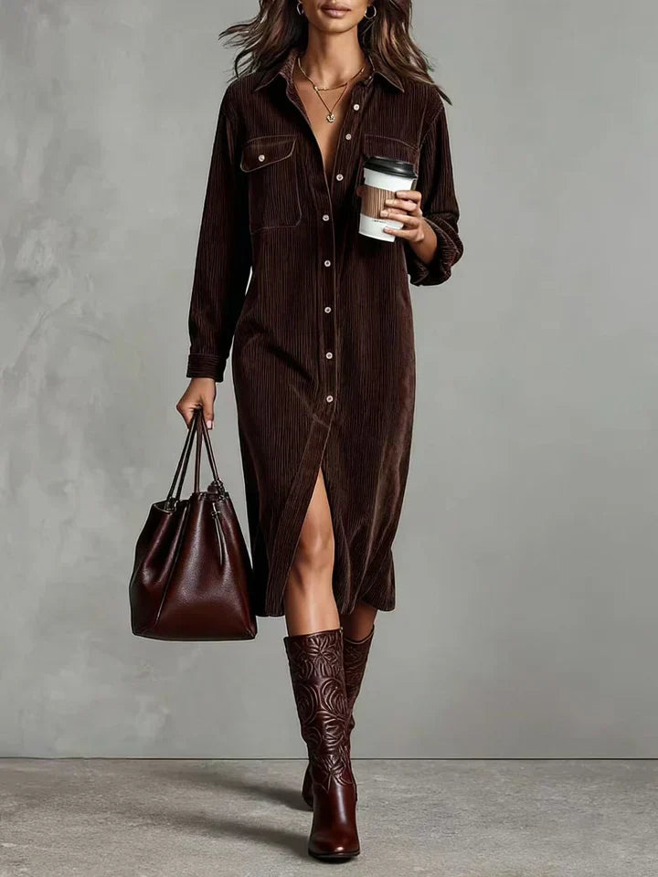 Robe décontractée élégante Sophie de Danoir Paris en tissu camel, taille XS, vue de face.