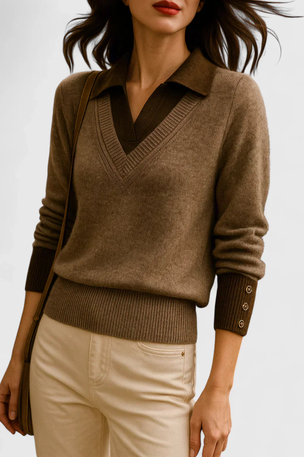 Pull chic italien marron Danoir Paris Jovi FR1558, style élégant en laine douce, porté sur un mannequin.