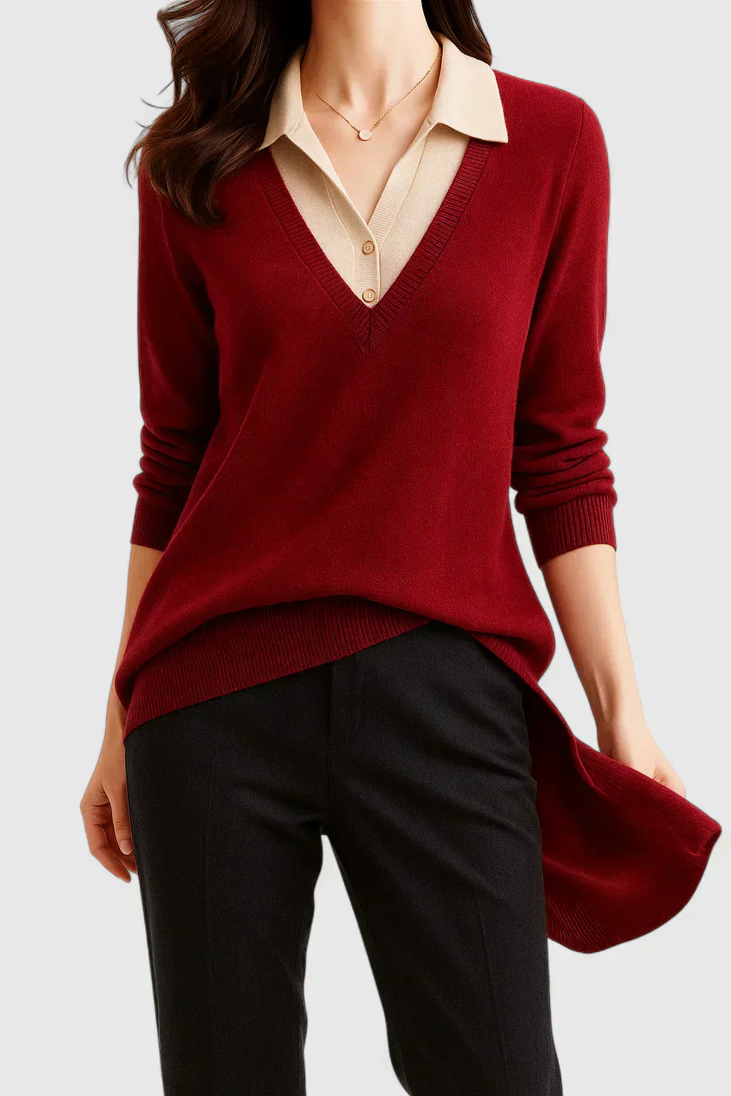 Pull chic italien marron Jovi de Danoir Paris, en laine douce, porté sur un mannequin, style élégant et confortable.