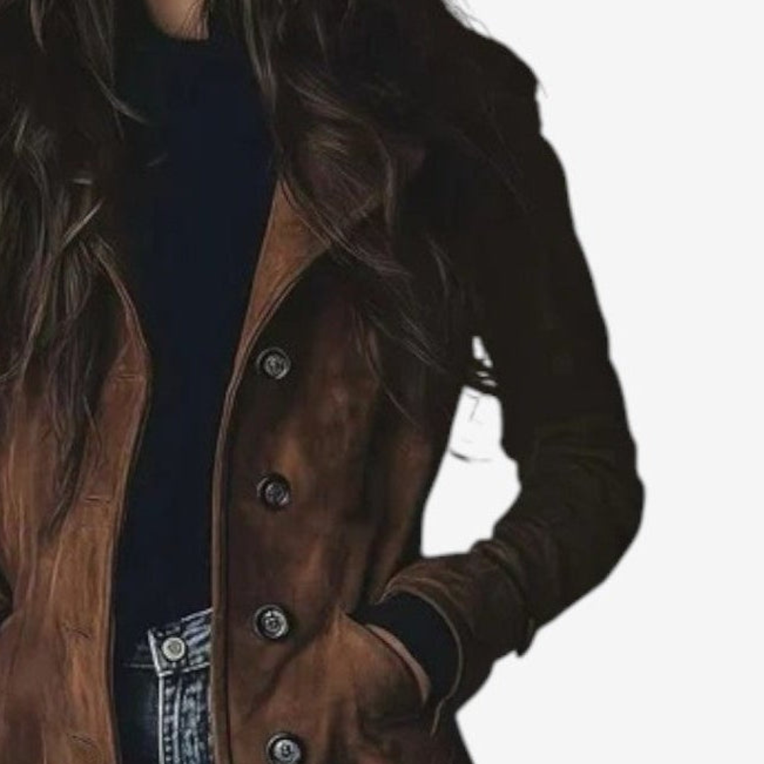 Manteau élégant automnal Danoir Paris FR1572 Sygrid en marron, détail de la coupe et du tissu sophistiqué.
