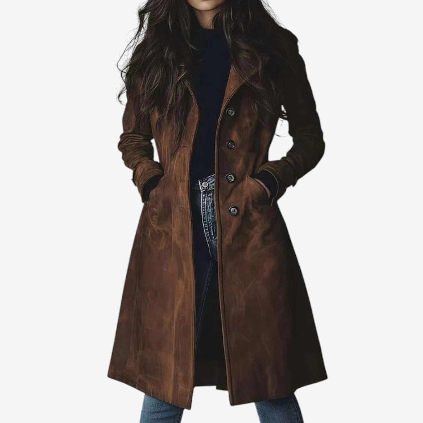 Manteau automnal élégant Danoir Paris Sygrid FR1572 en marron, fermeture boutonnée, style sophistiqué, détails visibles.